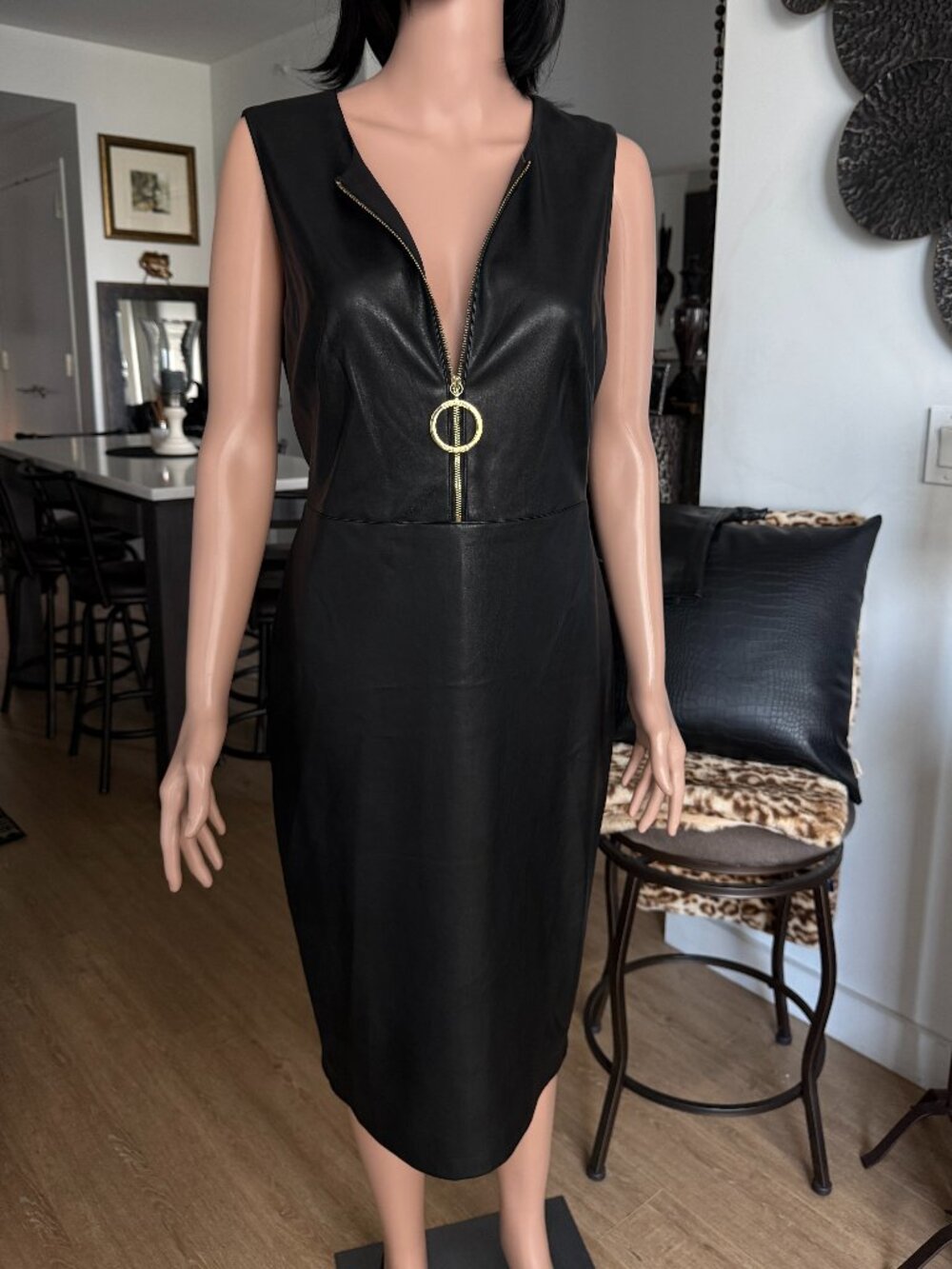 CALVIN KLEIN Black Vegan Leather Gold Zip-Front O-Ring Sheath Dress | 10 | NWT